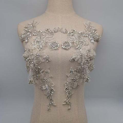 White rhinestone applique for couture, crafted rhinestone florals motif , deluxe bead florals applique for haute couture