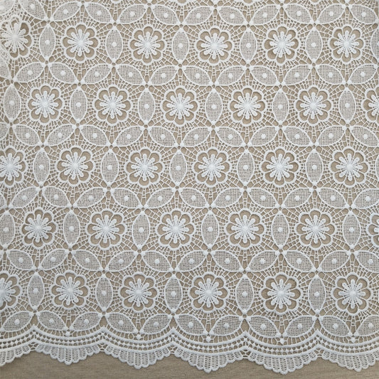 Flower designer fabric lace, dressmaking fabric lace, white lace fabric with scalloped edge, 1 yard elegant lace fabric by the yard