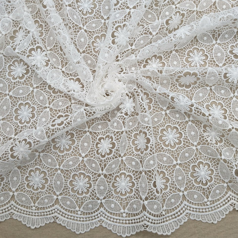 Flower designer fabric lace, dressmaking fabric lace, white lace fabric with scalloped edge, 1 yard elegant lace fabric by the yard