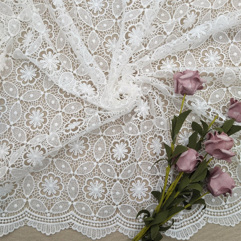 Flower designer fabric lace, dressmaking fabric lace, white lace fabric with scalloped edge, 1 yard elegant lace fabric by the yard