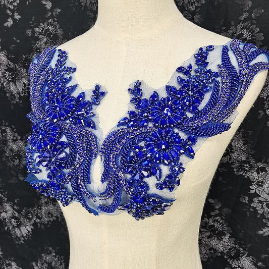 Royal blue glass applique, heavy rhinestone crystal bodice patch, beaded patch, blue applique for couture and wedding dress