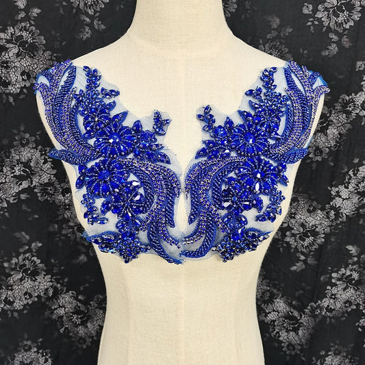 Royal blue glass applique, heavy rhinestone crystal bodice patch, beaded patch, blue applique for couture and wedding dress