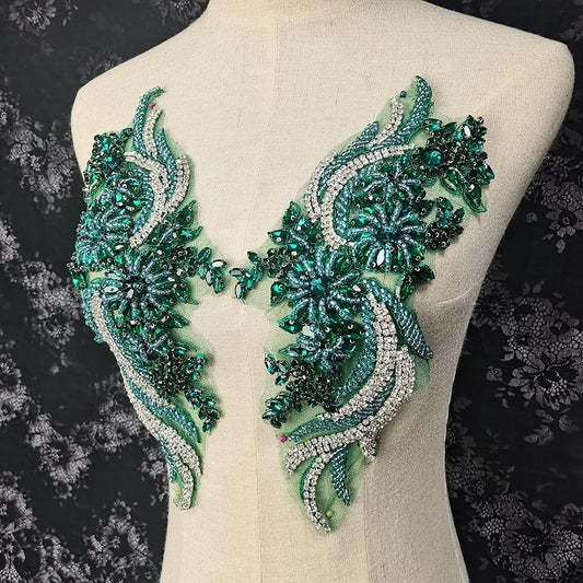 Green handcrafted Rhinestone applique, couture dress crystal applique pair, French bead applique, wedding dress, heavy gown applique