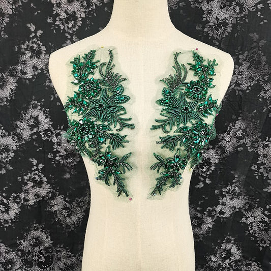 Green rhinestone applique, flower design crystal patch, florals motif applique bodice