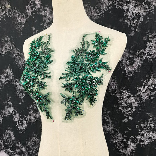 Green rhinestone applique, flower design crystal patch, florals motif applique bodice