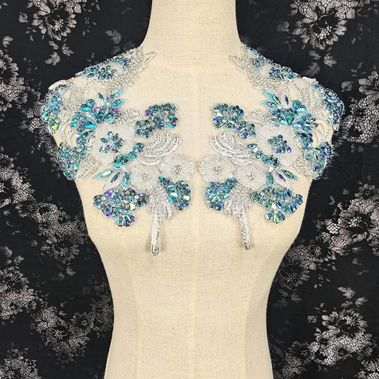 Lake Blue iridescent Rhinestone applique, couture French bead applique, new design handmade crystal applique