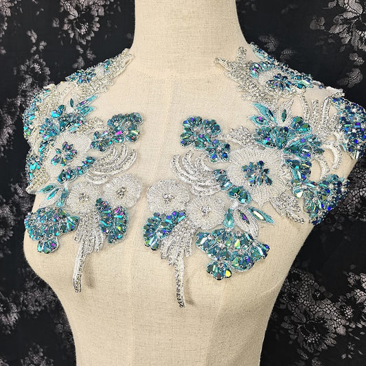 Lake Blue iridescent Rhinestone applique, couture French bead applique, new design handmade crystal applique