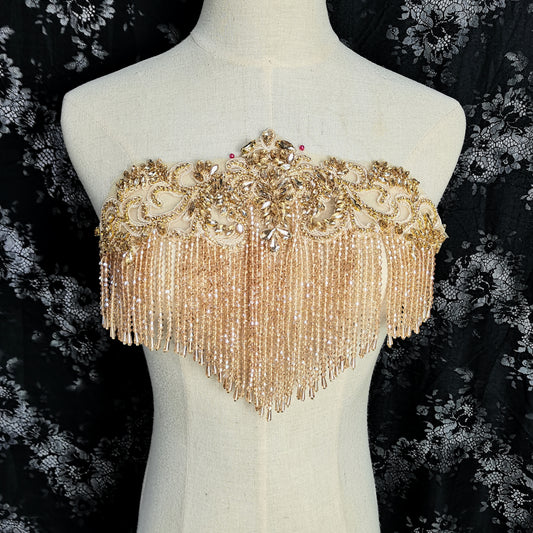 champagne French bead applique with tassel, body cover with crystal fringe, heavy rhinestone crystal bodice patch, bead embellishment for wedding dress