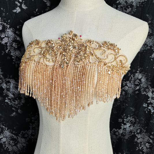 champagne French bead applique with tassel, body cover with crystal fringe, heavy rhinestone crystal bodice patch, bead embellishment for wedding dress