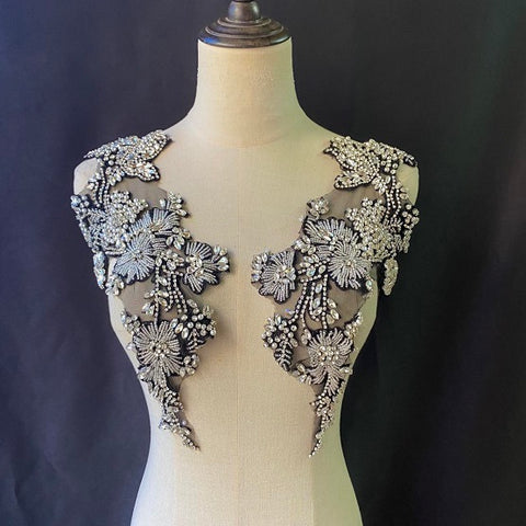 White rhinestone applique for couture, crafted rhinestone florals motif , deluxe bead florals applique for haute couture