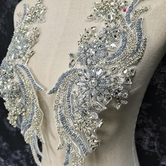 French crystal bodice applique, ball gown patch, sparkle applique, wedding dress DIY, heavy Rhinestone applique for couture