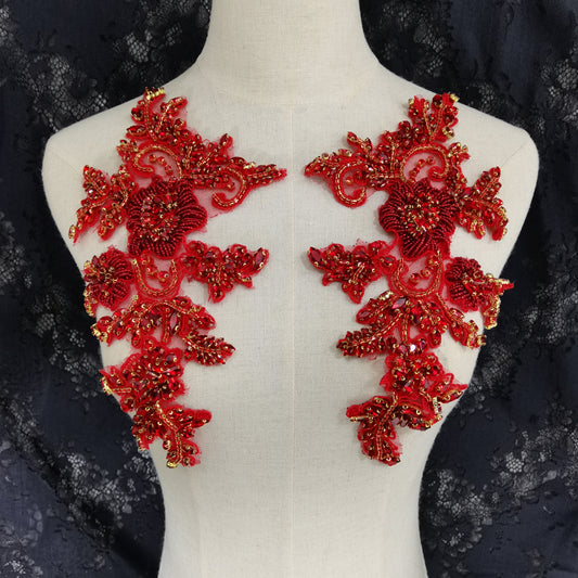 Red rhinestone applique, crafted rhinestone florals motif , deluxe bead flower applique for haute couture