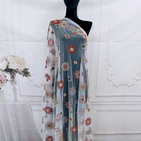 Mesh fabric different shape polychromatic pattern symmetrical three-color wave lace edge lace fabric