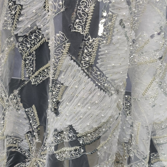 Heavy mesh embroidery fabric with beads and sequins, high quality wedding dress lace