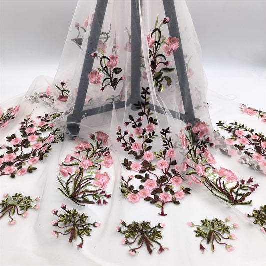 High quality fancy all over bridal mesh 3d pink flower lace french mesh fabric embroidery for wedding dress