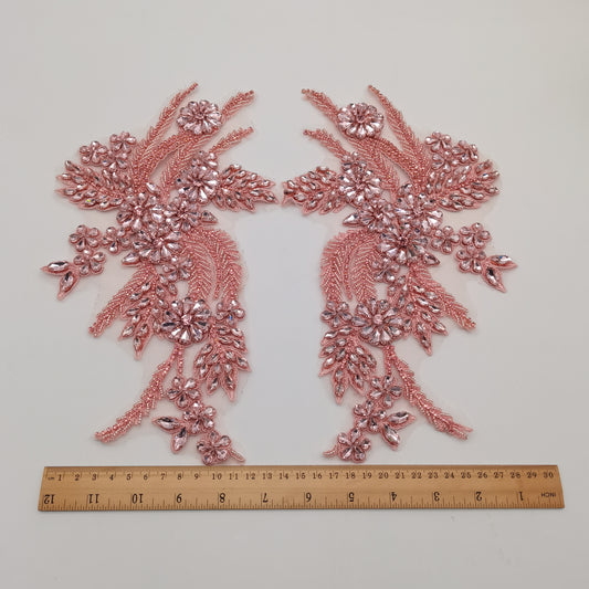 Pink embroidery lace patch, Rhinestone Applique,crystal beaded applique pair