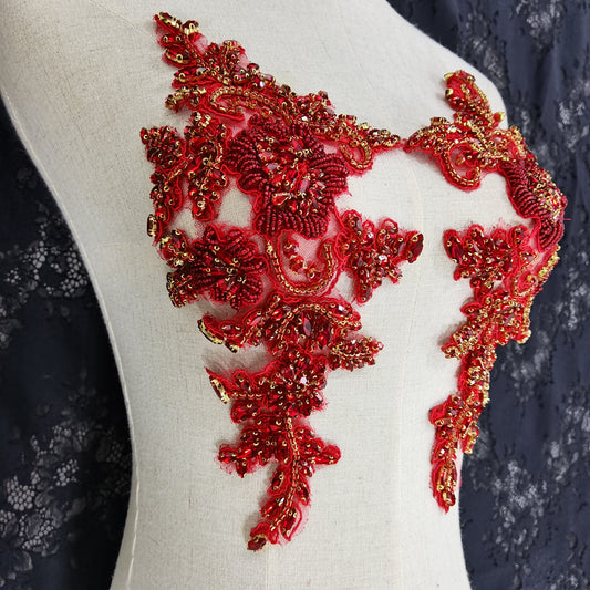 Red rhinestone applique, crafted rhinestone florals motif , deluxe bead flower applique for haute couture